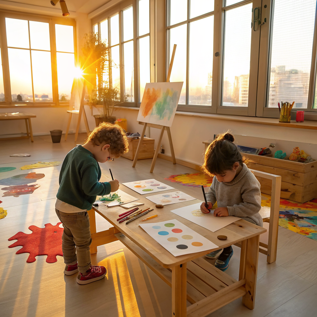 Child engaged in art during golden hour
