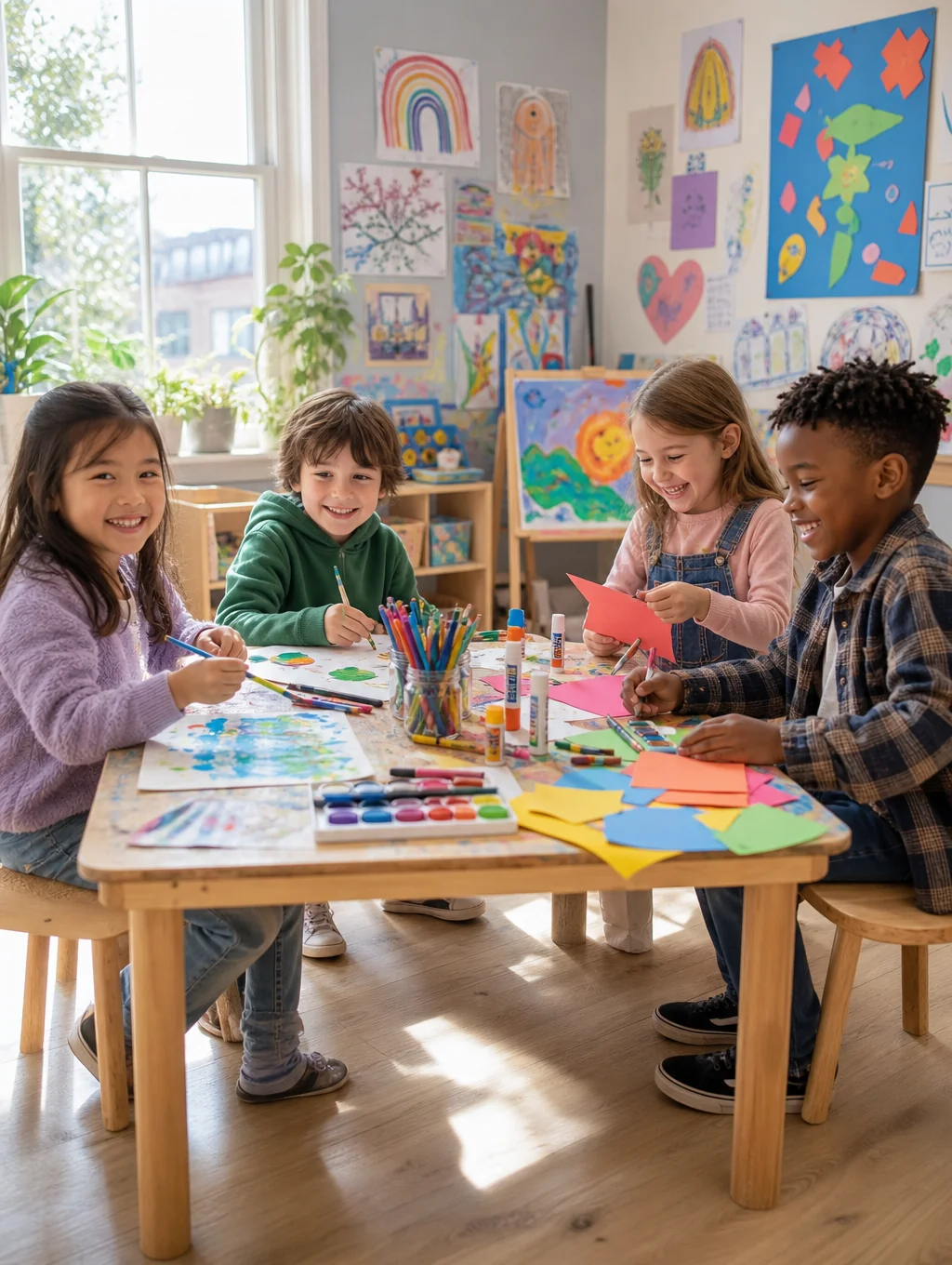 Children participating in a creative storytelling and art workshop in a peaceful, sunlit studio